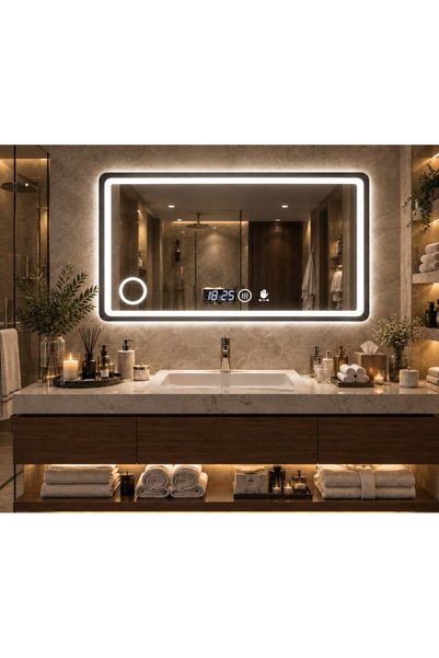 Magic Time Oglinda LED DECORIALE cu Senzor de Mișcare, Inel pentru Cosmetica, Dezaburire, Ceas și Termometru 90x70cm - Avelis