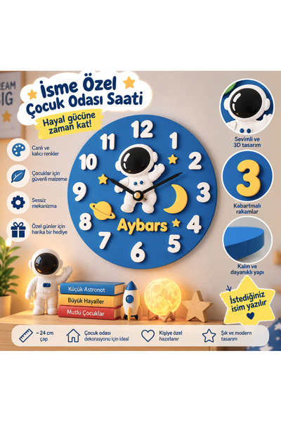 İsme Özel Uzay Temalı Çocuk Odası Duvar Saati – Astronotlu Kişiye Özel 24 cm Duvar Saati
