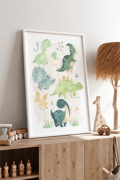 KEYFHOME Imena dinosaurusa u akvarelu, uokvireni MDF poster, dekoracija zidov...