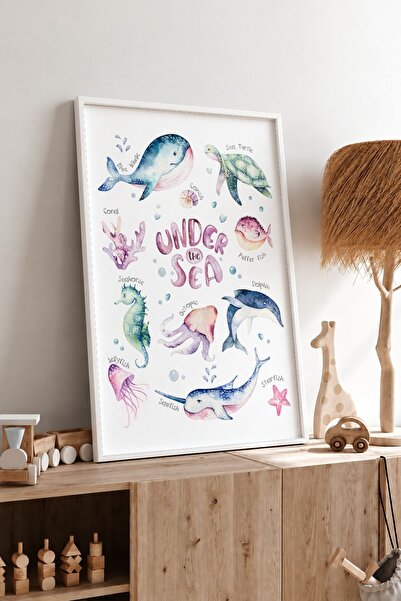 KEYFHOME Poster cu tablou MDF cu rama subacvatică pentru copii, decor de pere...