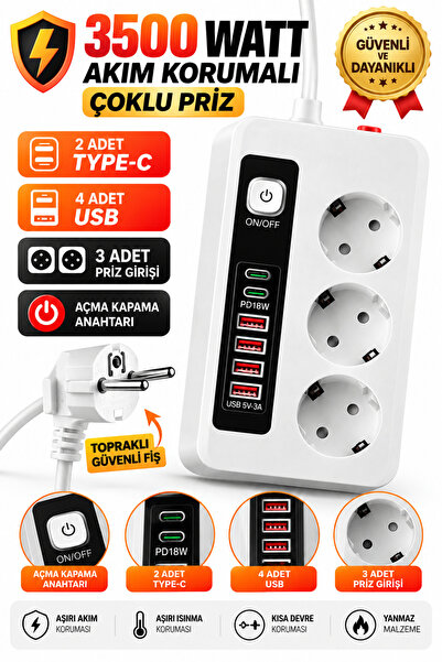 SAYMOND 3 Prizli Akıllı Uzatma Kablosu – 4 USB-A + 2 Type-C Hızlı Şarj Çıkışl...