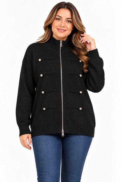bezeXL Plus size button-accessory zippered knit cardigan - black
