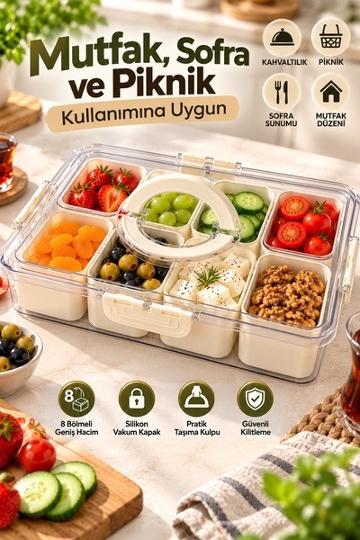 Kitchen Beauty 8 Bölmeli Kahvaltılık Sunum Seti Çıkarılabilir Bölmeli Kilitli Kapaklı Taşınabilir Saklama Kabı
