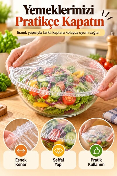 FLY LIFE Lastikli Tabak Tencere Bonesi Şeffaf Esnek Yiyecek Koruma Örtüsü 100 lü