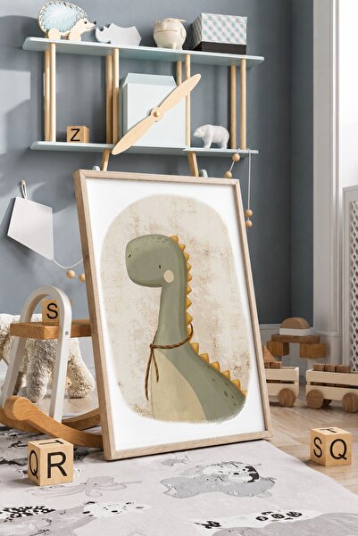 KEYFHOME Poster cu tablou MDF cu rama verde dinozaur pentru camera copiilor, ...