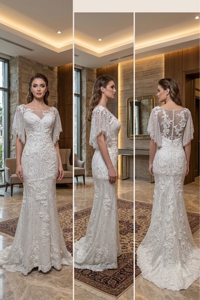 JABO WEDDİNG HOUSE GELİNLİK 36 BEDEN DANTEL ÖZGÜN TAŞ İŞLEME DETAYLI YARASA K...