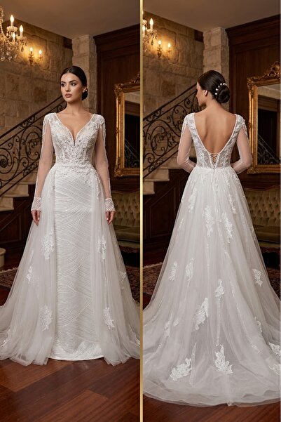 JABO WEDDİNG HOUSE GELİNLİK 36 BEDEN İÇİ BALIK BELDEN TÜL A AÇILIM KUYRUKLU D...