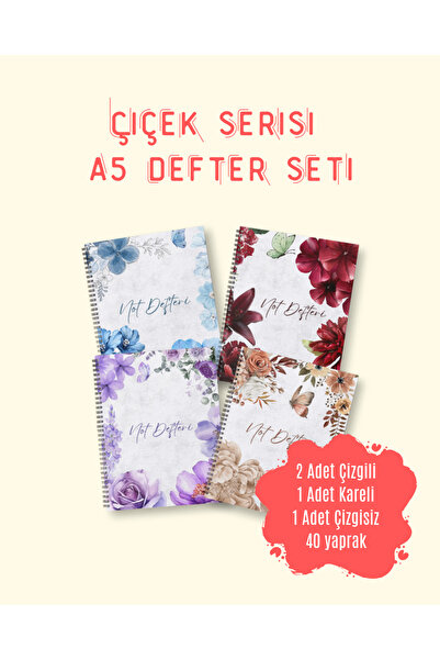 Çiçek Serisi "Not Defteri" Yazılı A5 Spiralli Defter Seti - 4lü Karma Düzen