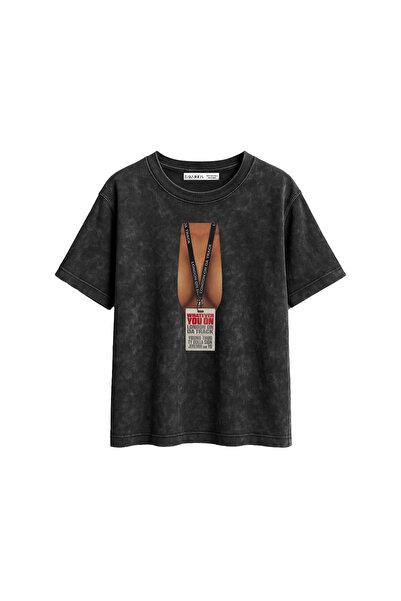 CİNEMA MODA Biki Lanyard Printed Relaxed Fit Washable Black Women's Tshirt