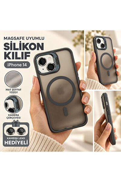 iPhone 14 Uyumlu MagSafe Halkalı Mat Şeffaf Silikon Kılıf Kamera Lens Koruyucu Hediyeli Siyah
