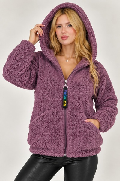 lzv Kadın Kapşonlu Peluş Fermuarlı Sweat – Oversize Yumuşak Polar Hoodie – Kı...