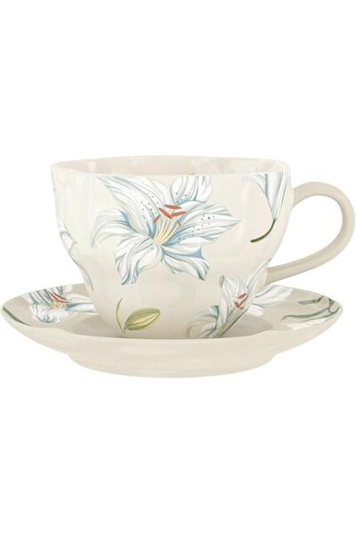 KASTWAVE طقم فنجان شاي سيراميك 250 مل مع صحن، تصميم زهري لفنجان الشاي للمكتب ...