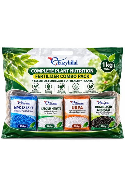 Generic Eazyhilal Fertilizer Combo Pack 1kg, Complete Plant Nutrition with NPK 12-12-17, Humic Acid, Calcium & Urea, Plant Growth Fertilizer for Indoor & Outdoor Plants, Garden, Pots & Vegetables