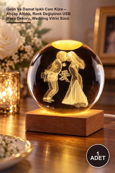 Yenilig 1 Piece of Lighted Glass Globe of Bride and Groom - with Wooden Base,...