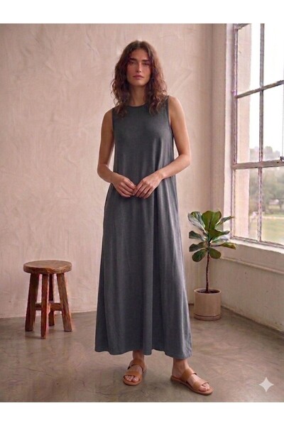 CGA Women's Crew Neck Sleeveless Long Pique Modal Dress