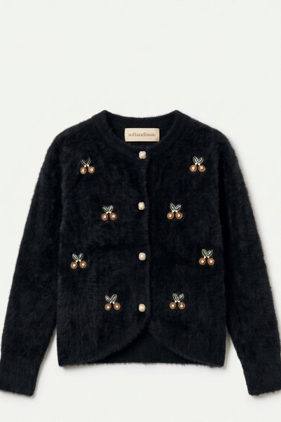 soft&basic Stone Embellished Soft Fuzzy Knitwear Buttoned Cardigan