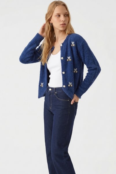 soft&basic Stone Embellished Soft Fuzzy Knitwear Buttoned Cardigan