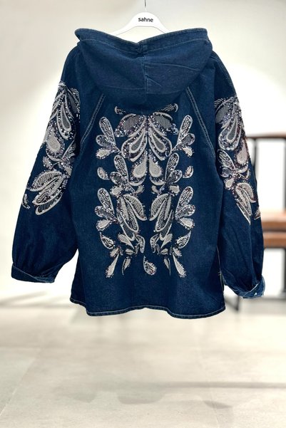 sahnemoda Hooded Denim Jacket with Sequin Embroidery on Sleeves and Back