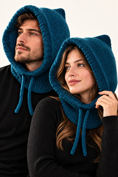 NEHOLİA Unisex Hand Knitted Astronaut Hat Hooded Beanie Neck Collar Lace-Up W...