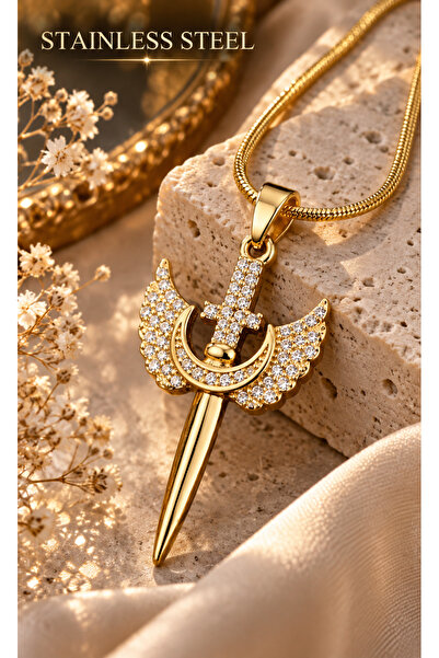 stainless steell Gold Color Wing-Sword Motif Zircon Stone Steel Necklace