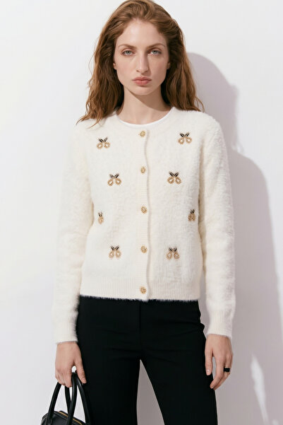 soft&basic Stone Embellished Soft Fuzzy Knitwear Buttoned Cardigan