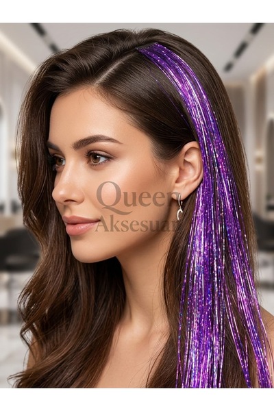 QUEEN AKSESUAR Mor Hologramlı Parlak Tinsel Saç 50 cm Çıtçıtlı Simli Saç Akse...