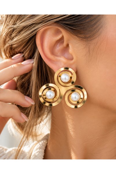 POYASE Gold Color Pearl Detailed Triple Circle Design Earrings Stylish Gold Earrings