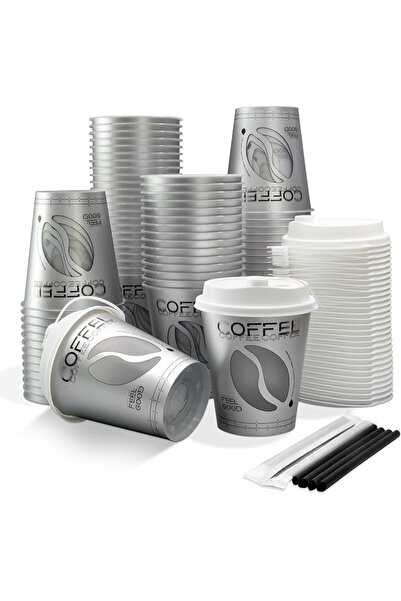 SYOSI Disposable Plastic Coffee Cups with Lids and Straws Set, 100 Pack 12oz ...