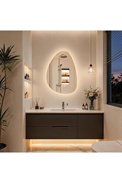 WISFOR مرآة حمام LED غير منتظمة الشكل 50×70 سم، مرآة زينة بيضاوية مضاءة من ال...
