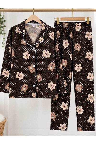 pijamino طقم بيجامة بناتي من القطن بأكمام طويلة وأزرار باللون البني