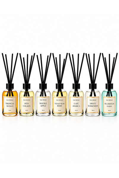 Eau Dubai Set 7 odorizante de cameră cu bețișoare, Tropical Mango + Pina Colada + Double Apple + Velvet Musk Berry + Café Arabica + Sweet Surrender + Sea Breeze Oasis, 770 ml