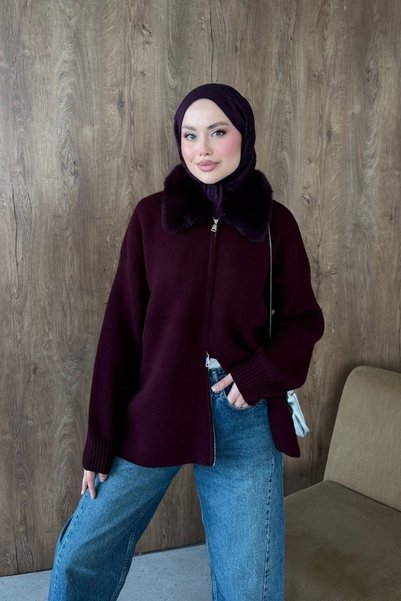 Şule Giyim Julie Fur Collar Cardigan Burgundy