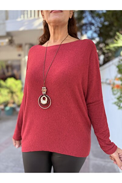 DenizEge Italian Soft Textured Knitwear with Pendant Red