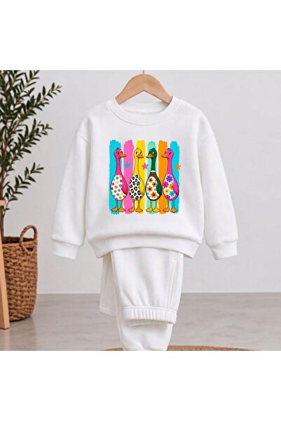 playwear Team Sweatshirt Colorful Duck Printed Girls' and Boys' Crew Neck Swe...