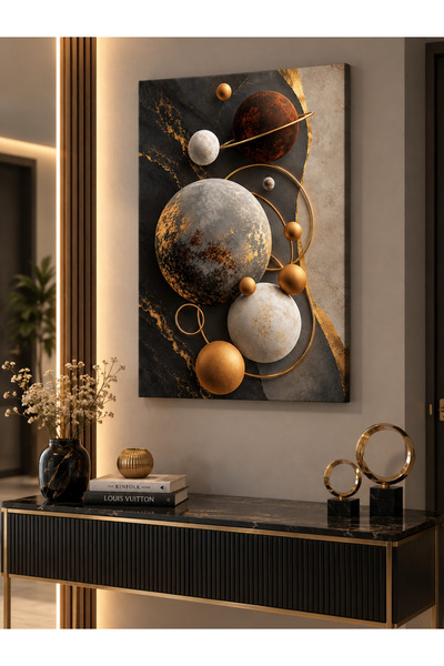 Modern Gold Planet Kanvas Tablo | Siyah-Gold Soyut Uzay Tasarım | Dekoratif Duvar Tablosu 30x40 cm