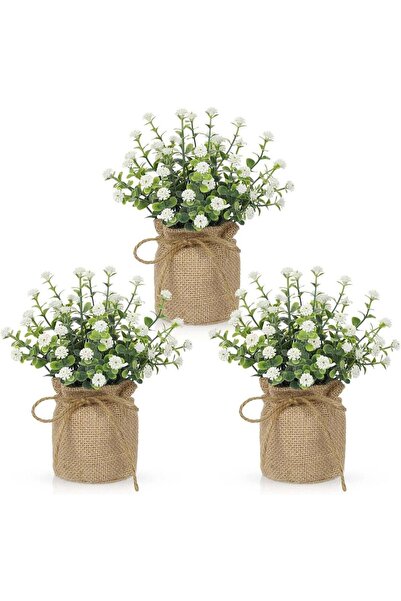 Generic Artificial Mini Potted Flowers Set of 3, Faux Baby’s Breath Plant wit...