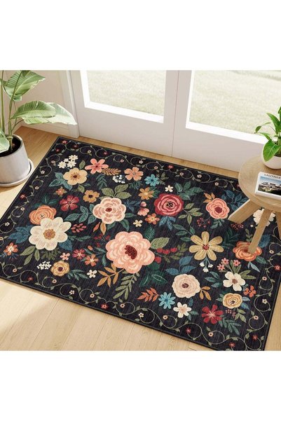 Generic 2x3ft Black Floral Boho Rug for Entryway, Washable Indoor Door Mat, N...