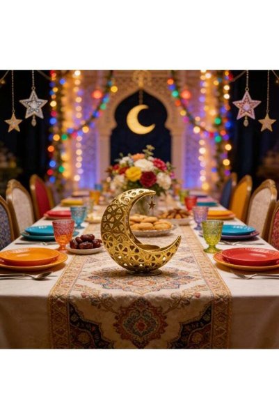 Generic Golden Moon Shaped Candle Holder, Ramadan Decorative Metal Tealight H...