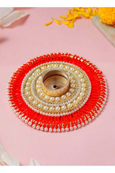 Generic Madhoor Pearl Decorative Tealight Candle Holder Ivory Red for Diwali,...