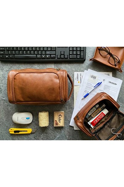 LEVA HAUSE Multipurpose Leather Makeup Bag with Zipper and Handle
