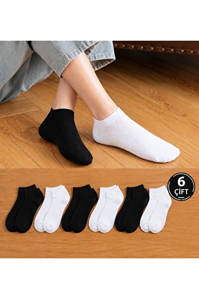6 Çift Siyah Beyaz Patik Çorap – 3 Çift Siyah 3 Çift Beyaz, Ekonomik Unisex Günlük Çorap
