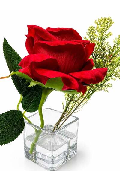 Generic Artificial Single Red Rose Floral Arrangement in Glass Vase with Faux...
