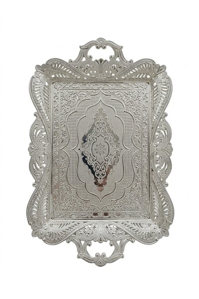 Ekim Grup Traditional Patterned Embroidered Silver Color Presentation Tray - 25X35 cm
