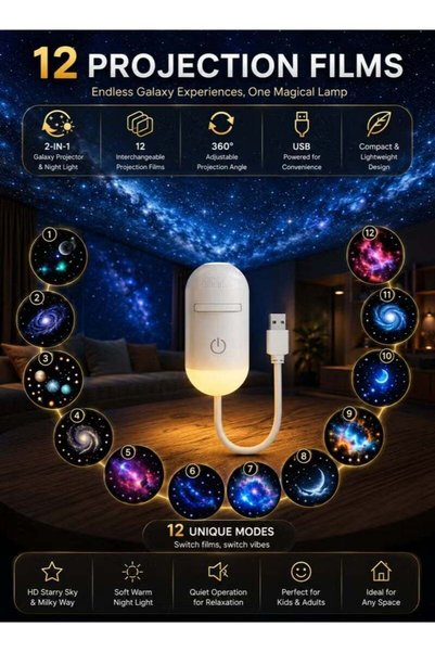 Generic 2-in-1 Galaxy Projector & Warm Night Light, 12 HD Projection Films, U...