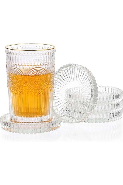 Generic Modern Clear Tempered Glass Coaster Set of 5, Round with Stripe Desig...
