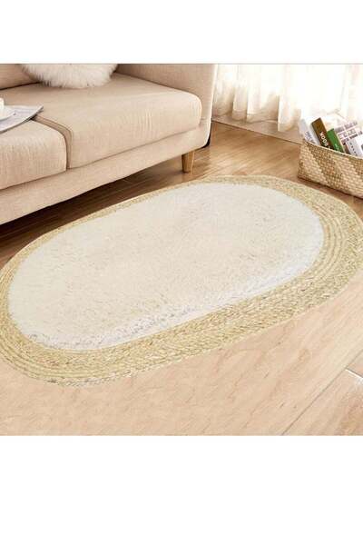 Generic Oval Jute and White Plush Area Rug – Soft, Eco-Friendly Natural Fiber...