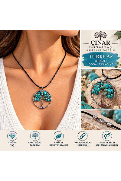 Genel Markalar Turkuaz (Firuze) Doğal Taş Hayat Ağacı Kolye – Siyah İpli Unis...