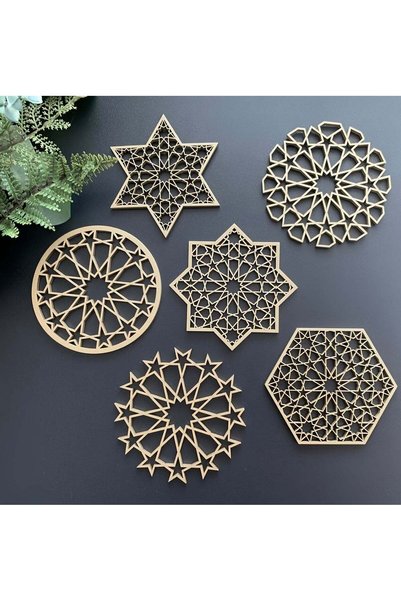 Generic Wooden Cup Coasters Set with Hollow Star Design, Snowflake and Hexago...
