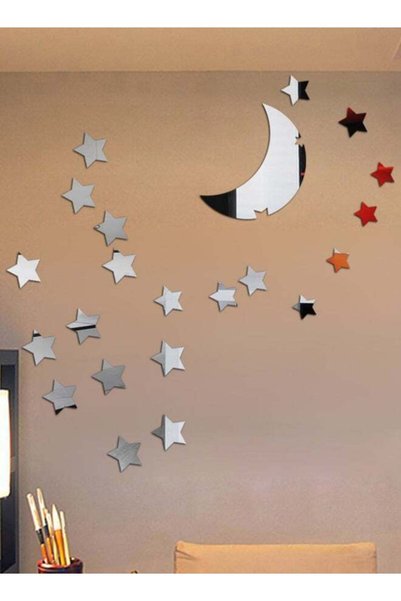 Generic Moon & Star Shaped Acrylic Mirror Wall Stickers, 1mm Thick, Silver