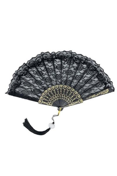 Generic Black Lace Folding Hand Fan With Jade Tassel Pendant, Vintage Retro H...